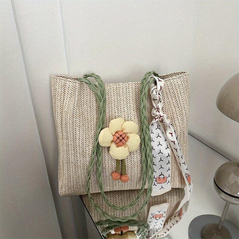 Flower Decor Straw Tote Bag Large Capacity Shoulder Bag with Scarf