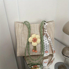 Flower Decor Straw Tote Bag Large Capacity Shoulder Bag with Scarf