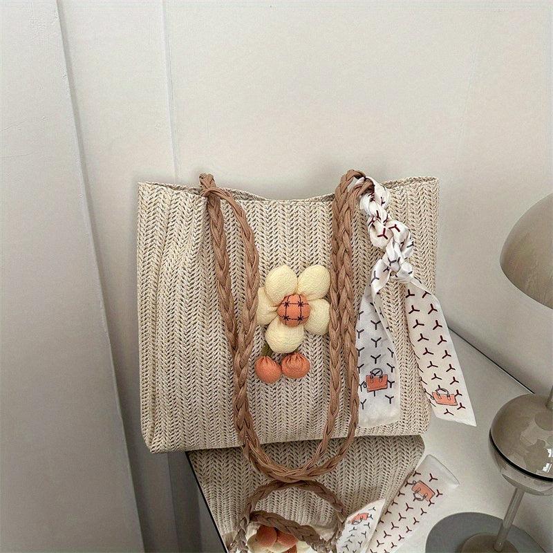 Flower Decor Straw Tote Bag Large Capacity Shoulder Bag with Scarf