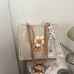 Flower Decor Straw Tote Bag Large Capacity Shoulder Bag with Scarf