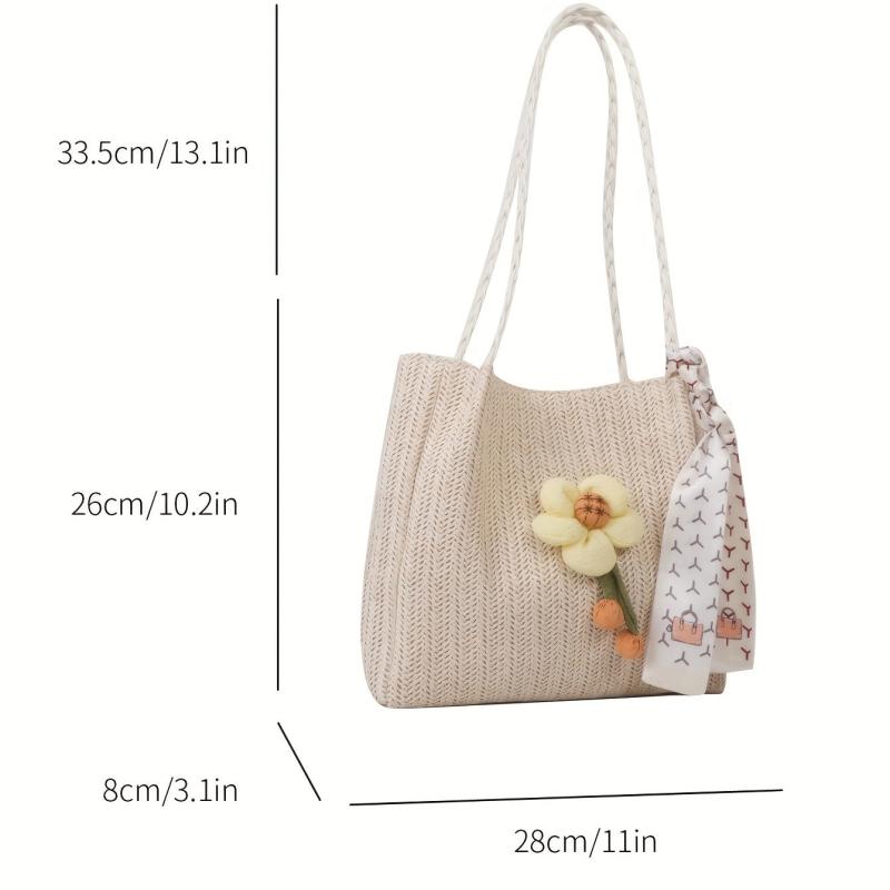Flower Decor Straw Tote Bag Large Capacity Shoulder Bag with Scarf