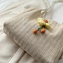Flower Decor Straw Tote Bag Large Capacity Shoulder Bag with Scarf