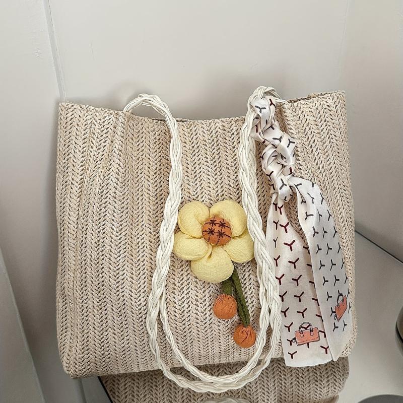 Flower Decor Straw Tote Bag Large Capacity Shoulder Bag with Scarf