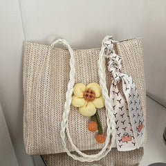 Flower Decor Straw Tote Bag Large Capacity Shoulder Bag with Scarf
