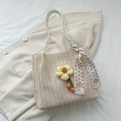 Flower Decor Straw Tote Bag Large Capacity Shoulder Bag with Scarf