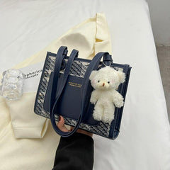 Pattern Shoulder Bag Faux Leather Handbag Fixed Straps Bear Pendant