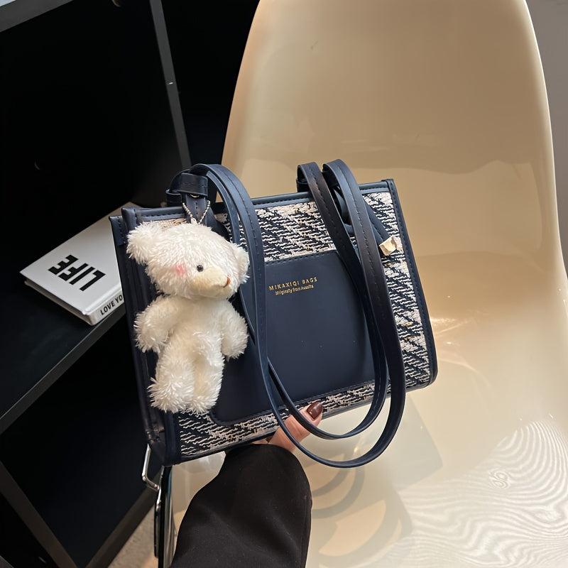 Pattern Shoulder Bag Faux Leather Handbag Fixed Straps Bear Pendant