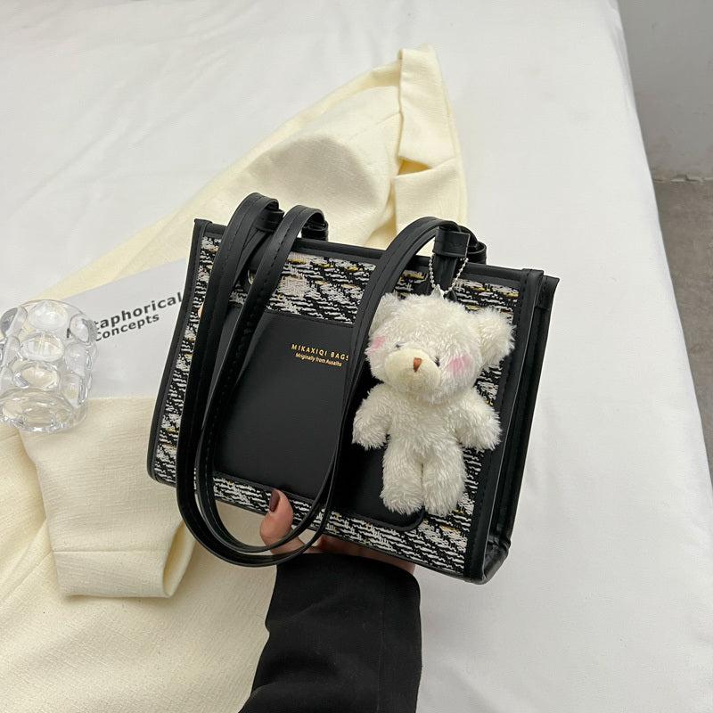 Pattern Shoulder Bag Faux Leather Handbag Fixed Straps Bear Pendant