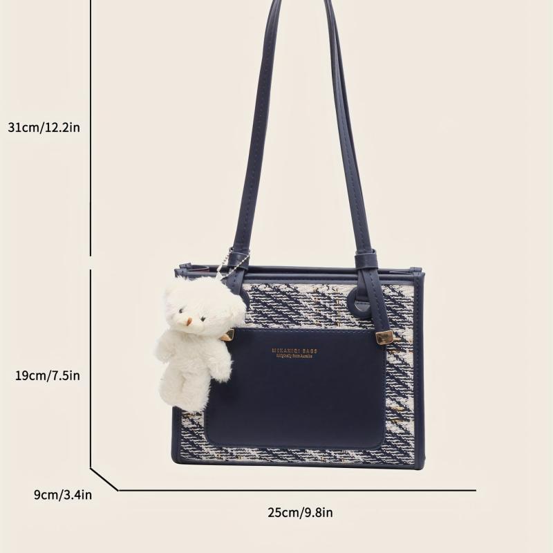 Pattern Shoulder Bag Faux Leather Handbag Fixed Straps Bear Pendant