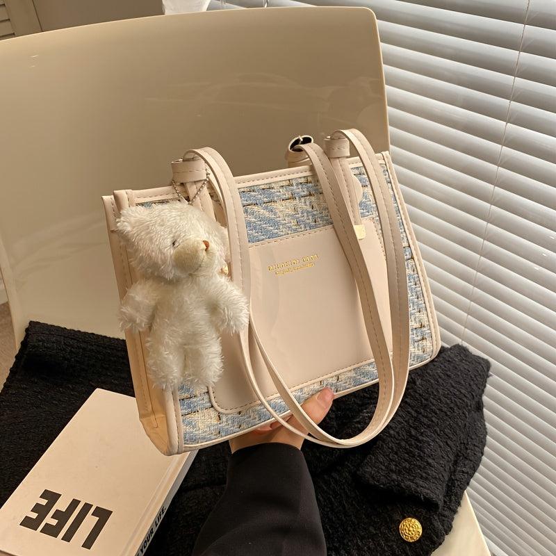 Pattern Shoulder Bag Faux Leather Handbag Fixed Straps Bear Pendant