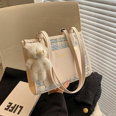 Pattern Shoulder Bag Faux Leather Handbag Fixed Straps Bear Pendant