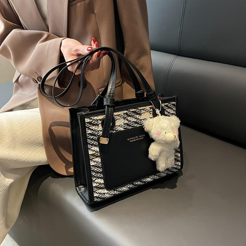 Pattern Shoulder Bag Faux Leather Handbag Fixed Straps Bear Pendant