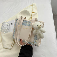Pattern Shoulder Bag Faux Leather Handbag Fixed Straps Bear Pendant