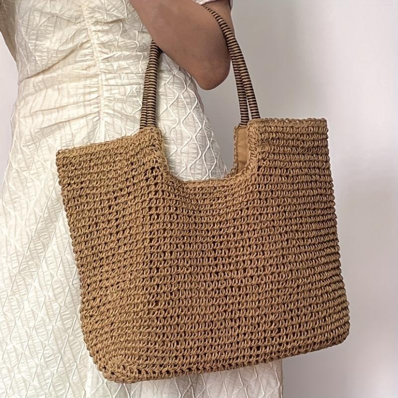Straw Woven Summer Tote Bag Rattan Beach Shoulder Bag Women's Casual Braided Bag