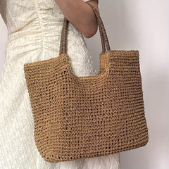 Straw Woven Summer Tote Bag Rattan Beach Shoulder Bag Women's Casual Braided Bag