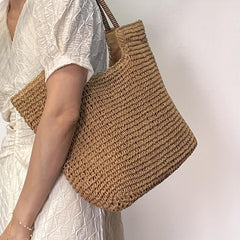 Straw Woven Summer Tote Bag Rattan Beach Shoulder Bag Women's Casual Braided Bag