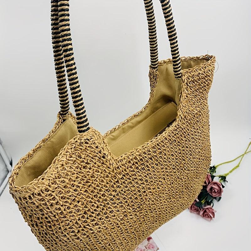 Straw Woven Summer Tote Bag Rattan Beach Shoulder Bag Women's Casual Braided Bag