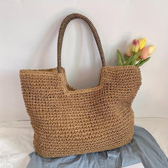 Straw Woven Summer Tote Bag Rattan Beach Shoulder Bag Women's Casual Braided Bag
