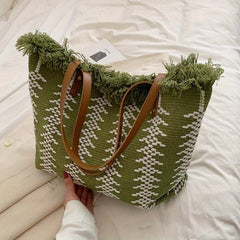 Straw Fringed Tote Bag Lightweight Shoulder Summer Beach Bag