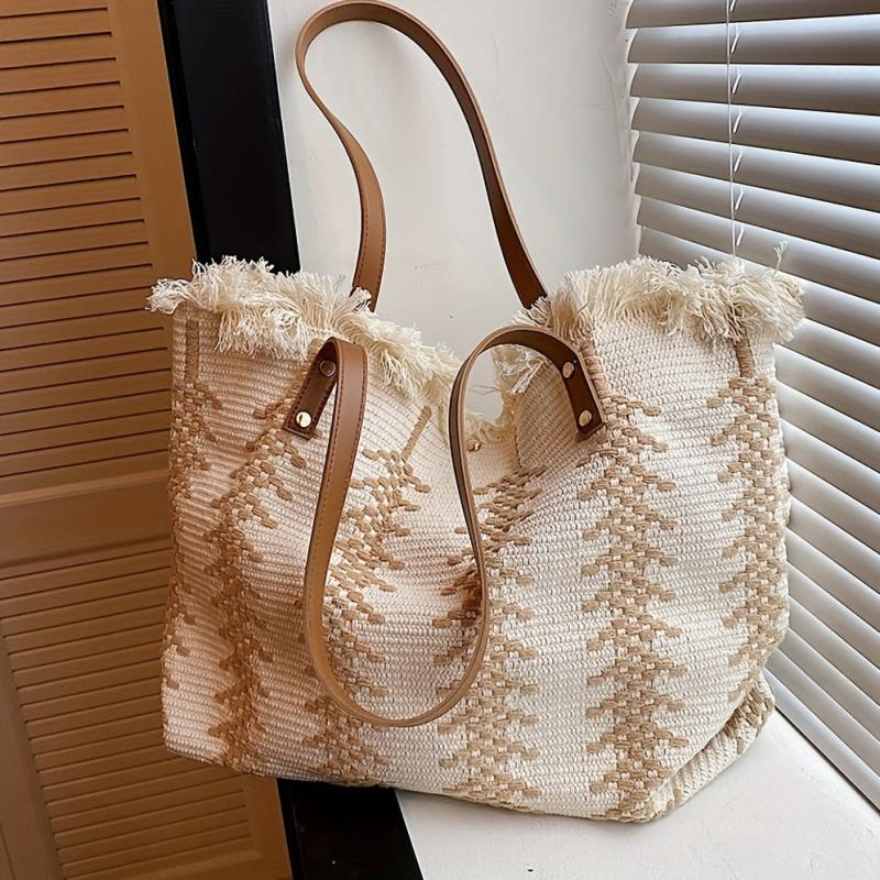 Straw Fringed Tote Bag Lightweight Shoulder Summer Beach Bag