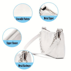 Crocodile Pattern Baguette Bag Chain Handbag Women's PU Shoulder Purse