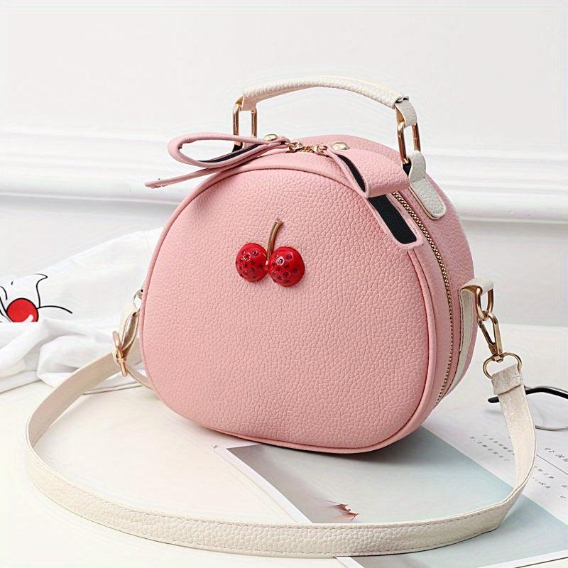 Mini Cherry Decor Crossbody Bag PU Leather Handbag Round Shoulder Purse