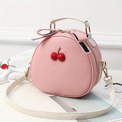 Mini Cherry Decor Crossbody Bag PU Leather Handbag Round Shoulder Purse