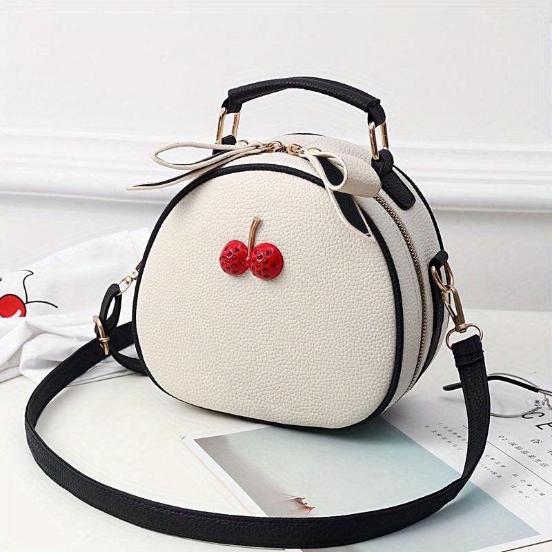 Mini Cherry Decor Crossbody Bag PU Leather Handbag Round Shoulder Purse