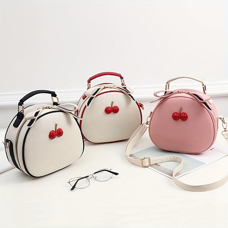 Mini Cherry Decor Crossbody Bag PU Leather Handbag Round Shoulder Purse