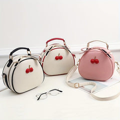 Mini Cherry Decor Crossbody Bag PU Leather Handbag Round Shoulder Purse