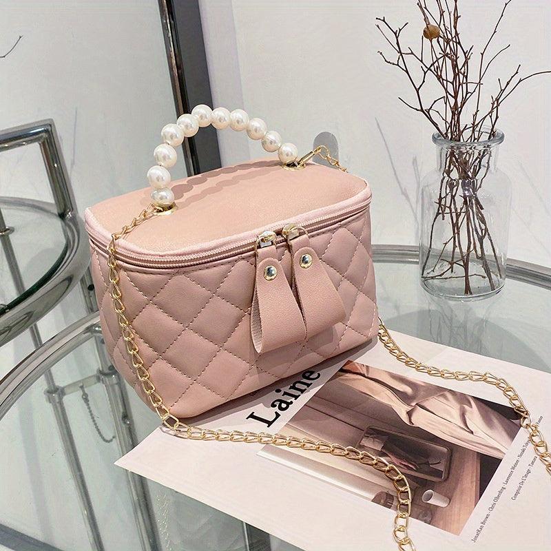 Rhombus Quilted Crossbody Bag Faux Pearl Stylish Purse & Bag