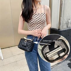 Rhombus Quilted Crossbody Bag Faux Pearl Stylish Purse & Bag