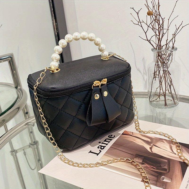 Rhombus Quilted Crossbody Bag Faux Pearl Stylish Purse & Bag