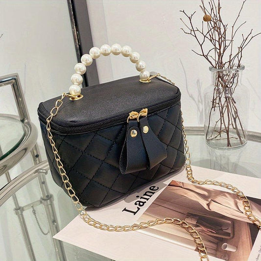 Rhombus Quilted Crossbody Bag Faux Pearl Stylish Purse & Bag