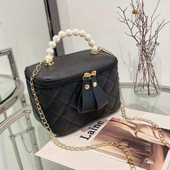 Rhombus Quilted Crossbody Bag Faux Pearl Stylish Purse & Bag