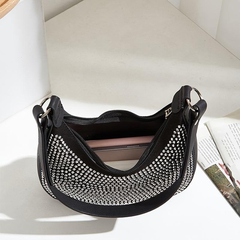 Rhinestone Zipper Hand Hobo Bag - Stylish Satchel Purse