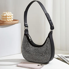Rhinestone Zipper Hand Hobo Bag - Stylish Satchel Purse
