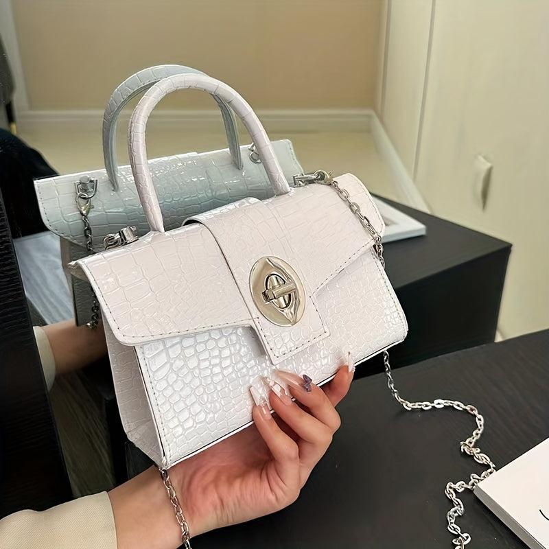 Crocodile Embossed Satchel Bag Turn Lock Shoulder Bag Handbag