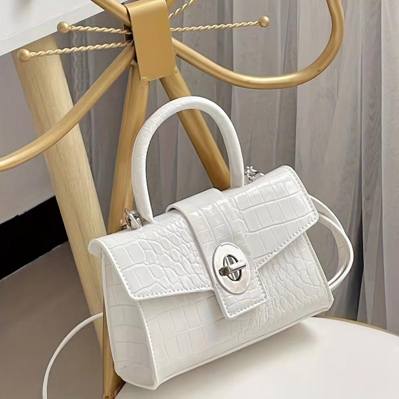 Crocodile Embossed Satchel Bag Turn Lock Shoulder Bag Handbag