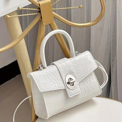 Crocodile Embossed Satchel Bag Turn Lock Shoulder Bag Handbag