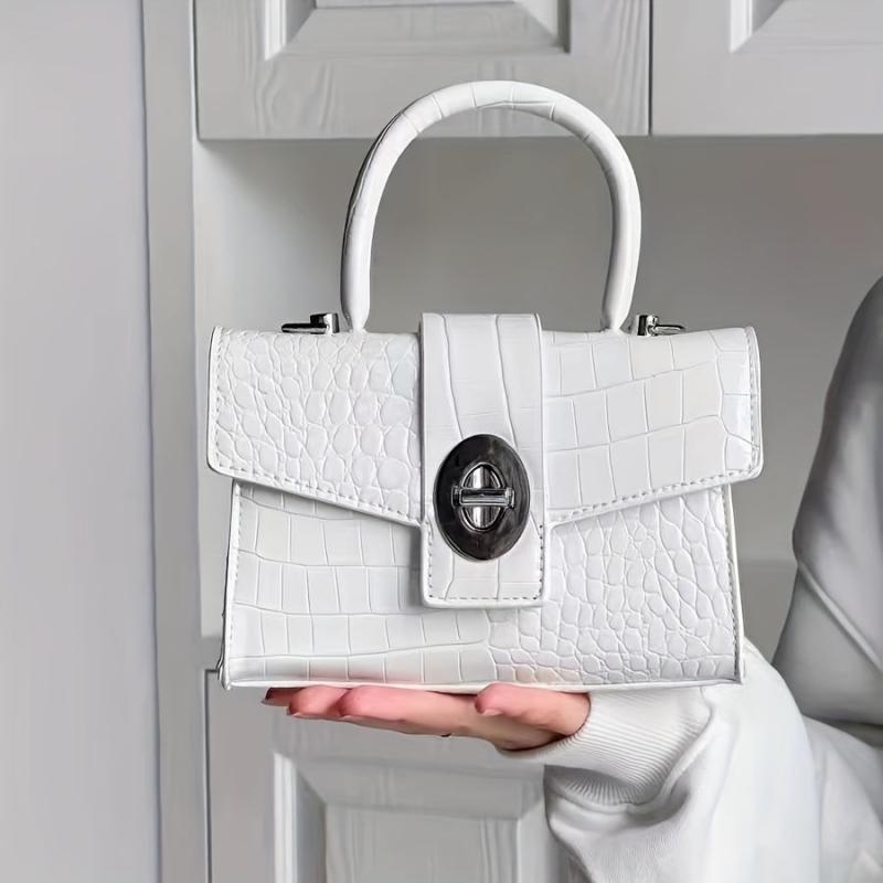 Crocodile Embossed Satchel Bag Turn Lock Shoulder Bag Handbag