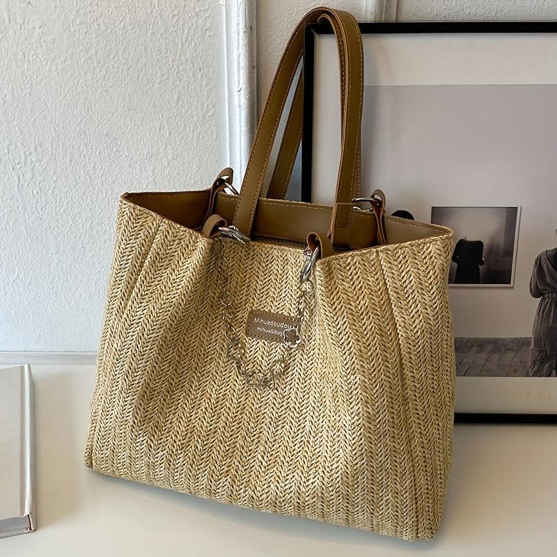Straw Woven Tote Bag Beach Handbag Lightweight Shoulder Bag