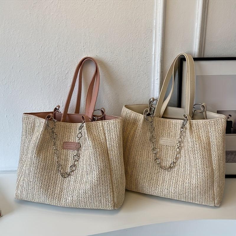 Straw Woven Tote Bag Beach Handbag Lightweight Shoulder Bag