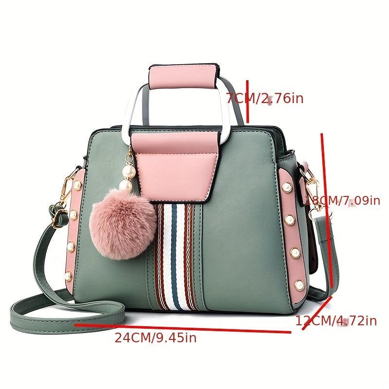 Pom Pom Pearl Decor Crossbody Bag Top Handle Large Capacity Handbag