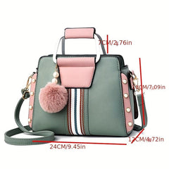 Pom Pom Pearl Decor Crossbody Bag Top Handle Large Capacity Handbag