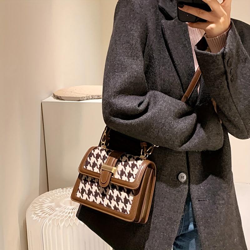 Houndstooth Print Flap Shoulder Bag PU Leather Crossbody Handbag