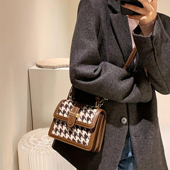 Houndstooth Print Flap Shoulder Bag PU Leather Crossbody Handbag