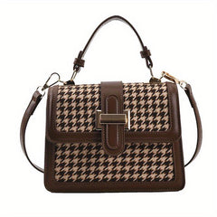 Houndstooth Print Flap Shoulder Bag PU Leather Crossbody Handbag