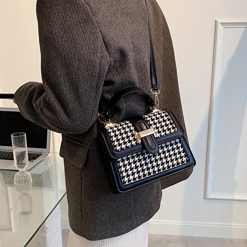 Houndstooth Print Flap Shoulder Bag PU Leather Crossbody Handbag