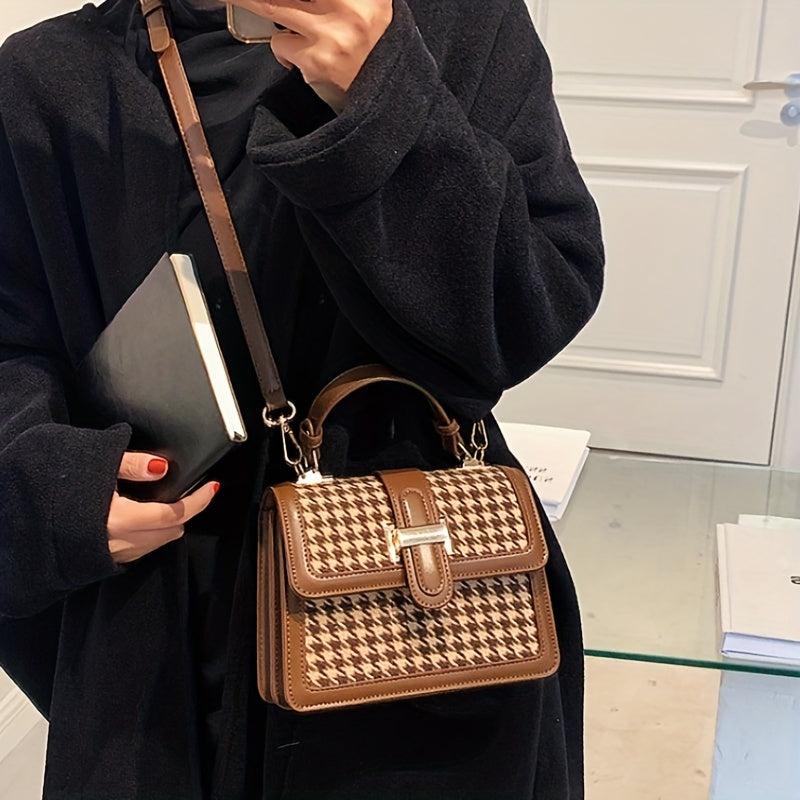 Houndstooth Print Flap Shoulder Bag PU Leather Crossbody Handbag